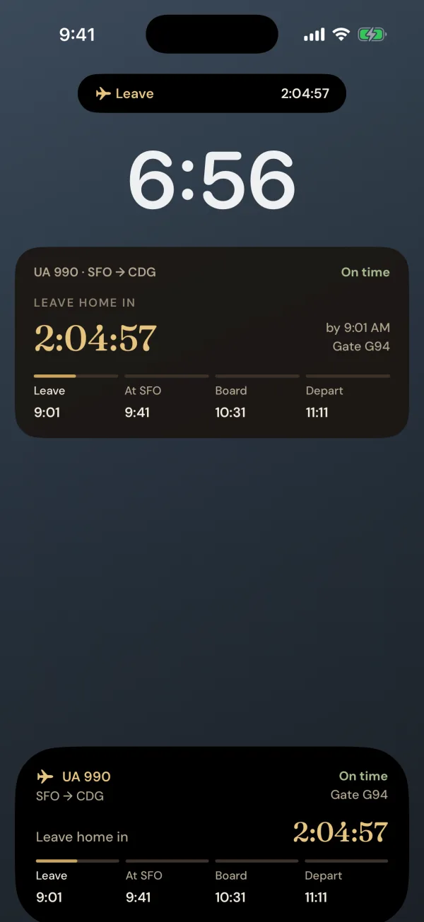 The lock screen: a Live Activity for United 990, San Francisco to Paris, on time, leave home in 2 hours 4 minutes, from gate G94.